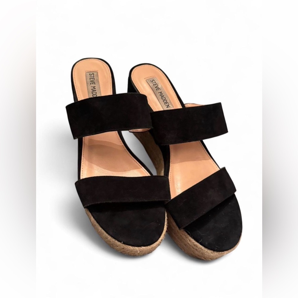 Steve Madden Black Suede Double-Strap Espadrille Wedges